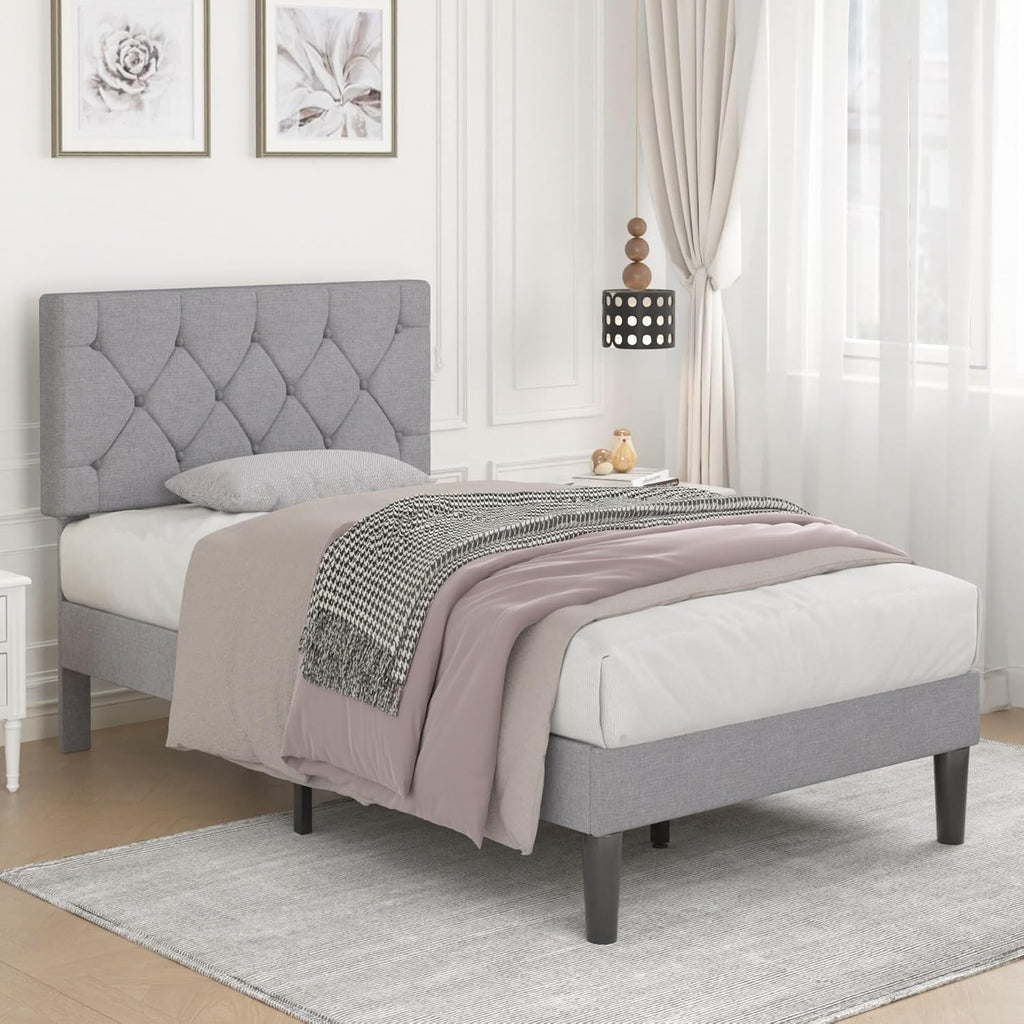 VECELO Twin Bed Frame with Button Tufted Headboard, Upholstered Platform with Wooden Slat Support, No Box Spring Needed, Linen Grey