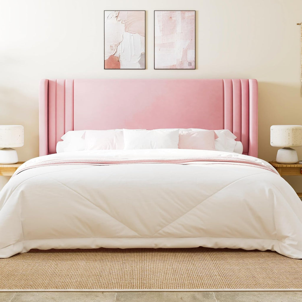 Allewie King Size Velvet Platform Bed Frame with Vertical Tufted Wingback Headboard, Easy Assembly, Under Bed Storage, No Box Spring Required, Modern Style, Pink