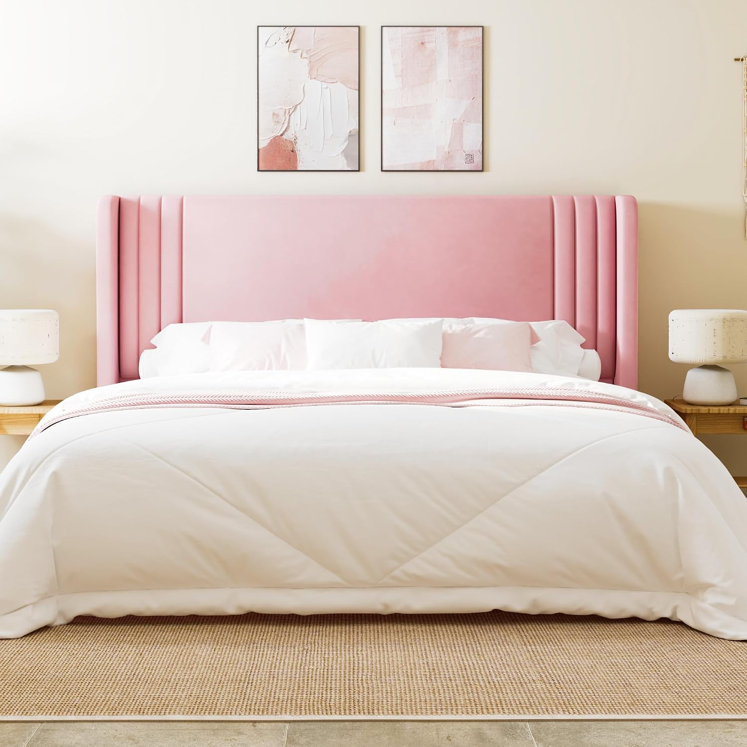 Allewie King Size Velvet Platform Bed Frame with Vertical Tufted Wingback Headboard, Easy Assembly, Under Bed Storage, No Box Spring Required, Modern Style, Pink