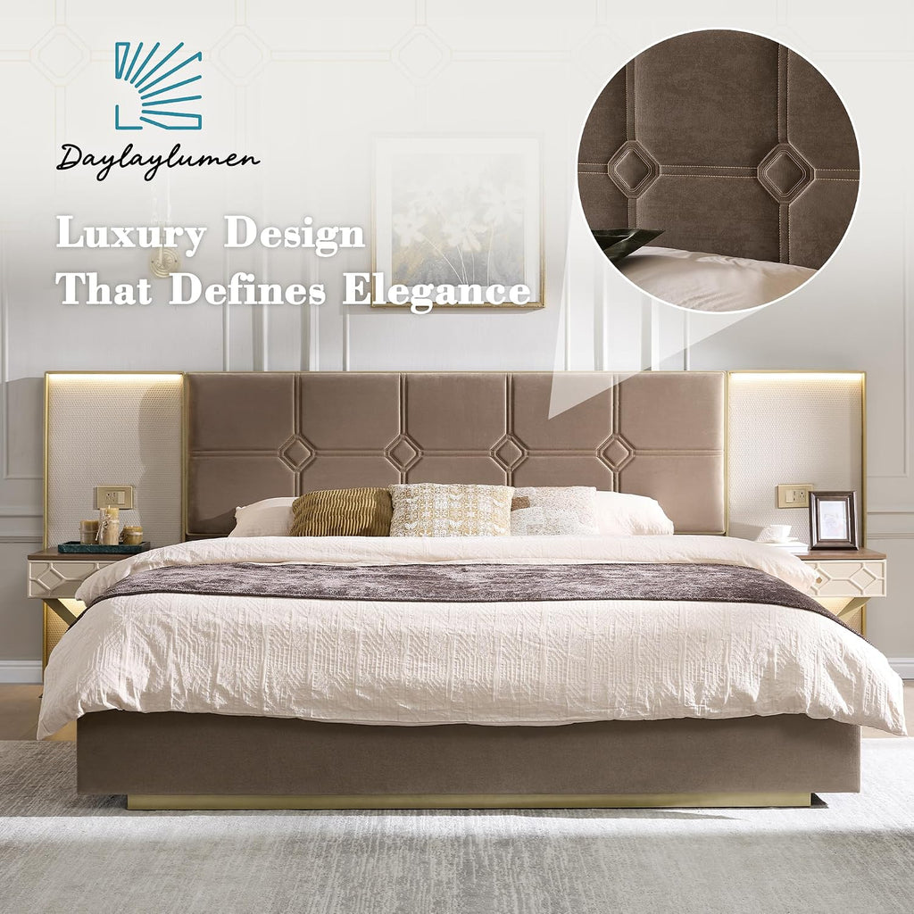 Luxurious King Platform Bed Frame with Metal Frame Headboard, Modern Velvet Upholstered Platform Bed with 2 Built-in Wall Lamps and Bedside Table for Bedroom Guestroom, Coffee