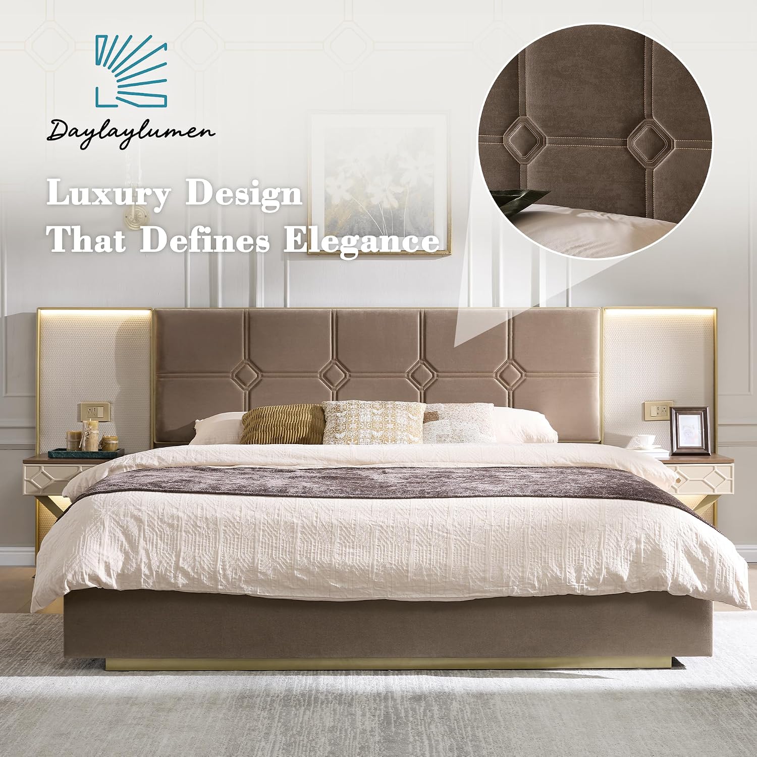 Luxurious King Platform Bed Frame with Metal Frame Headboard, Modern Velvet Upholstered Platform Bed with 2 Built-in Wall Lamps and Bedside Table for Bedroom Guestroom, Coffee