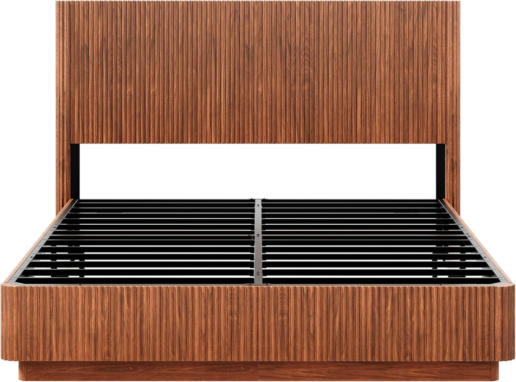 ivoros Mid Century Modern Bed Frame Queen Size, Fluted Platform Bed Frame with Headboard, Wood and Steel Platform Beds with LED Lights, Heavy Metal Frame Support, No Box Spring Needed, Walnut