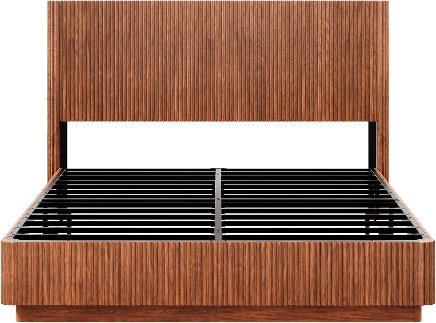 ivoros Mid Century Modern Bed Frame Queen Size, Fluted Platform Bed Frame with Headboard, Wood and Steel Platform Beds with LED Lights, Heavy Metal Frame Support, No Box Spring Needed, Walnut