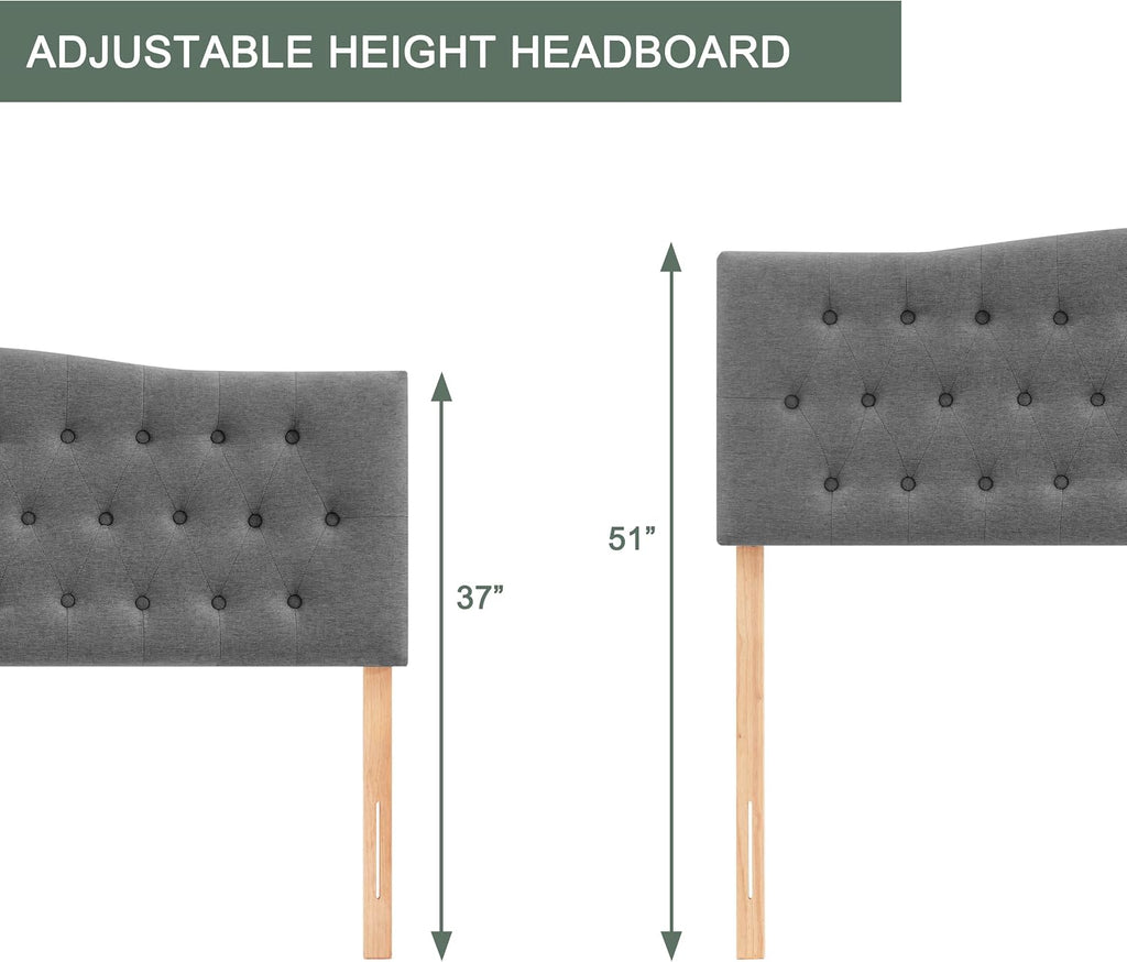 Huatean Home Tufted Upholstered Headboard King Size, Sturdy and Durable Solid Wood Bed headboard, Fabric Headboard Adjustable Height from 37' to 51', Modern Button Diamond Design Head Board, Grey