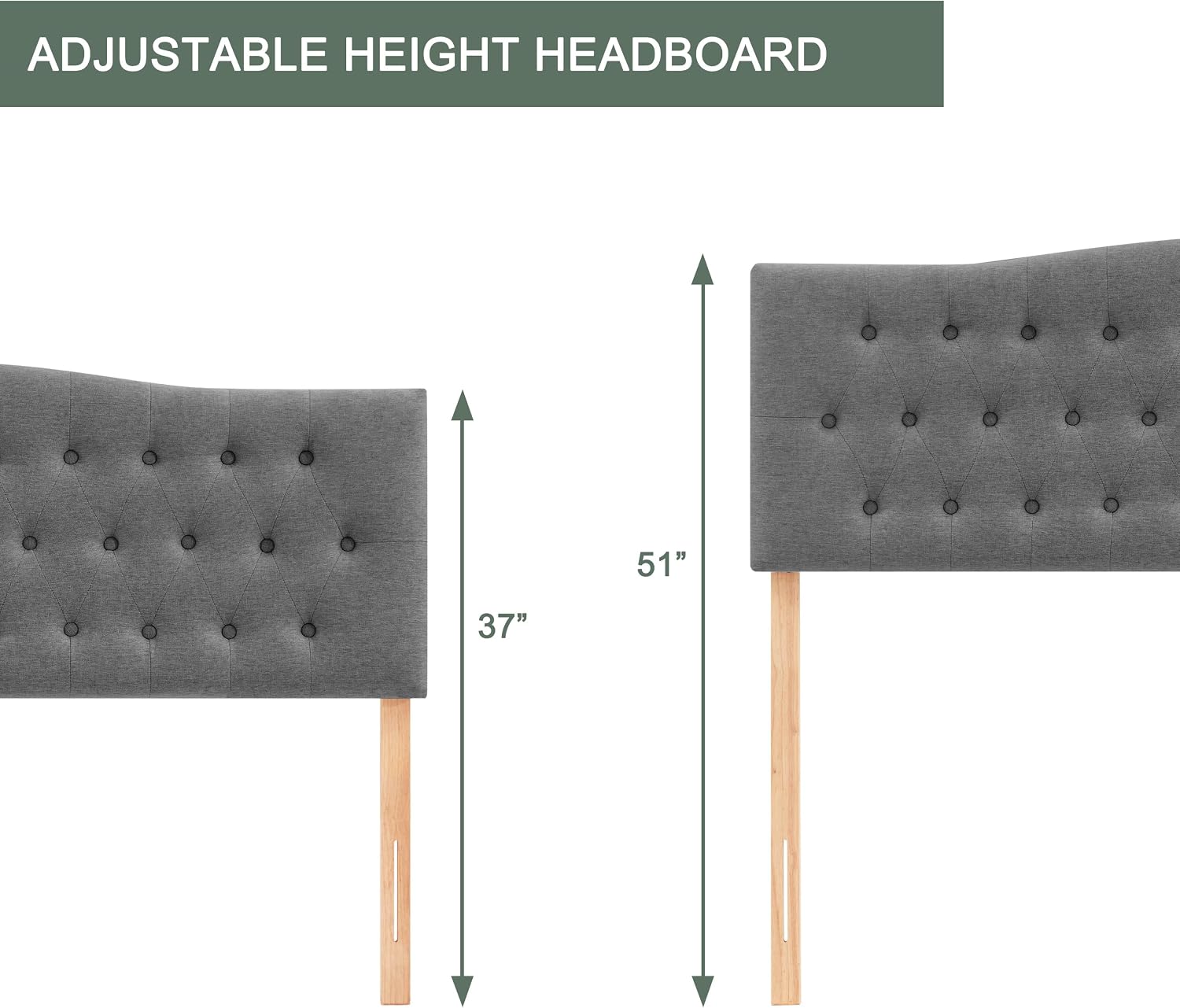 Huatean Home Tufted Upholstered Headboard King Size, Sturdy and Durable Solid Wood Bed headboard, Fabric Headboard Adjustable Height from 37' to 51', Modern Button Diamond Design Head Board, Grey
