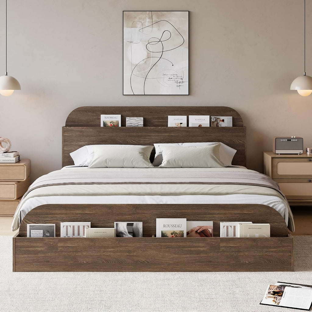 GarveeHome Queen Size Bed Frame, Wooden Beds with Storage Headboard and Raised-Foodboard, Queen-Floor Low Platform Bed for Bedroom, Sturdy Wooden Slats Support, No Box Spring Needed, Walnut