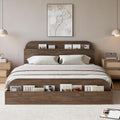 GarveeHome Queen Size Bed Frame, Wooden Beds with Storage Headboard and Raised-Foodboard, Queen-Floor Low Platform Bed for Bedroom, Sturdy Wooden Slats Support, No Box Spring Needed, Walnut