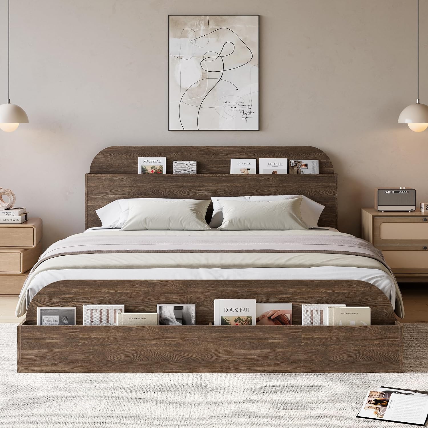 GarveeHome Queen Size Bed Frame, Wooden Beds with Storage Headboard and Raised-Foodboard, Queen-Floor Low Platform Bed for Bedroom, Sturdy Wooden Slats Support, No Box Spring Needed, Walnut