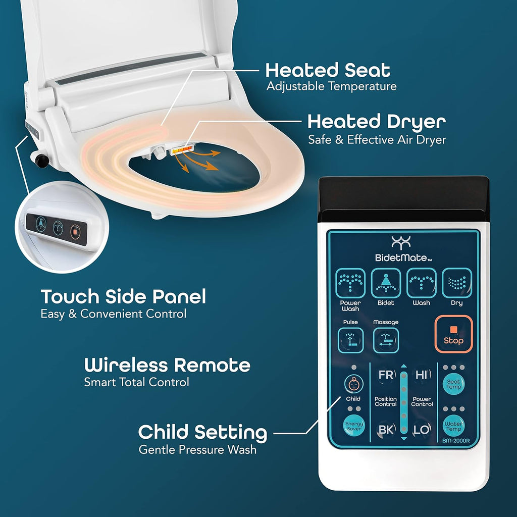 BidetMate 2000 Series Heated Bidet Attachment for Toilet with Unlimited Heated Water, Wireless Remote, Deodorizer, and Warm Air Dryer - Adjustable and Self-Cleaning - Fits Elongated Toilets