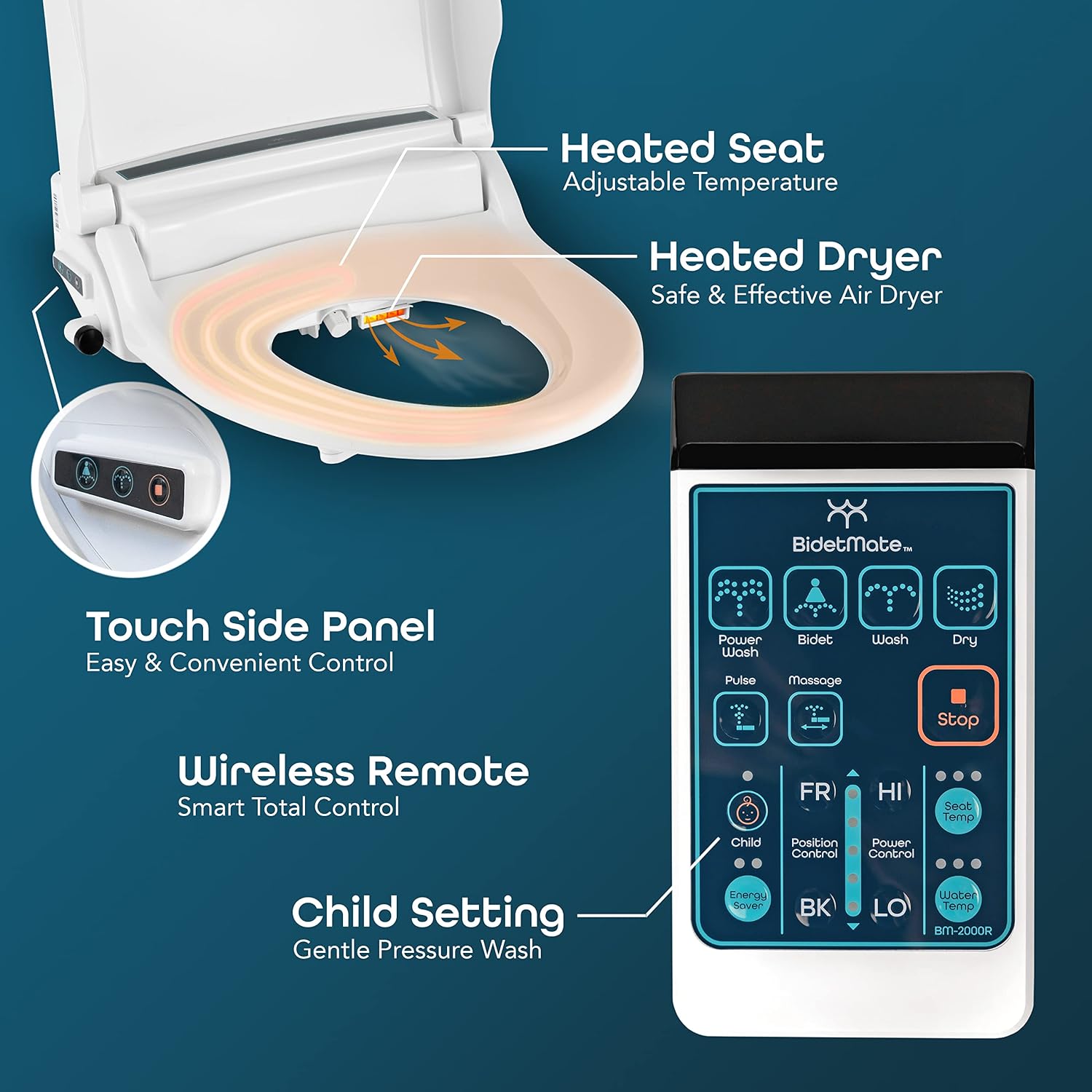 BidetMate 2000 Series Heated Bidet Attachment for Toilet with Unlimited Heated Water, Wireless Remote, Deodorizer, and Warm Air Dryer - Adjustable and Self-Cleaning - Fits Elongated Toilets