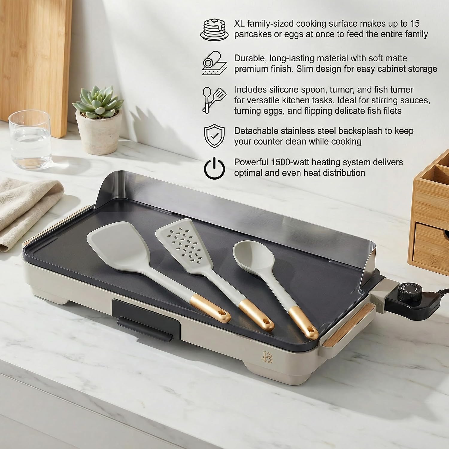 XL Electric Griddle 12' x 22' with Ceramic Nonstick Coating and Removable Heat Control with 3-Piece Silicone Spoon, Porcini Taupe Flat Top Electric Grill with Drip Tray and Backsplash