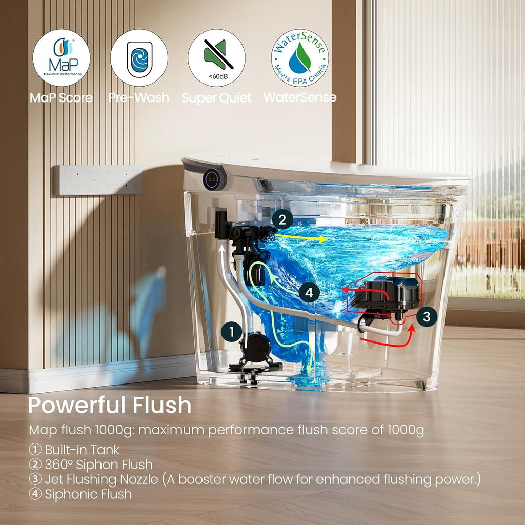 R&T FA59-T Smart Toilet – Auto Open & Flush, Heated Seat, Warm Water Bidet, Air Dryer, Dual Flush (1.1/1.6 GPF), Deodorizer, Night Light, Power Outage Flush, 2-User Presets