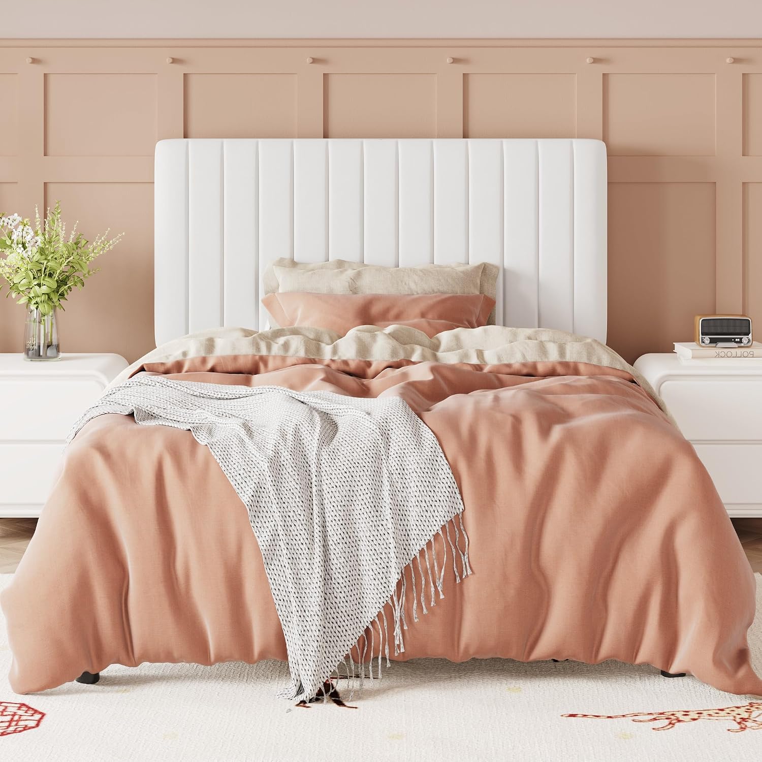 Allewie Twin Bed Frame, Velvet Upholstered Platform Bed with Adjustable Vertical Channel Tufted Headboard, Mattress Foundation with Strong Wooden Slats, Box Spring Optional, Easy Assembly, Off-White