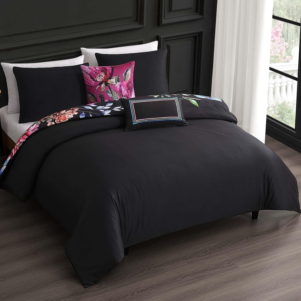 Bebejan Black Night Poppies 5 Piece Comforter Set, 100% Cotton Sateen, 220 Thread Count, Reversible Bedding Comforter Set, 1 Comforter, 2 Shams & 2 Pillows (Full/Queen)
