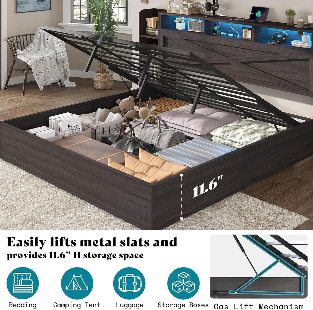 AMERLIFE Full Size Lift Up Storage Bed Frame, 45.1' LED Bed Frame with 2 Side Shelf & Bookcase Headboard, Farmhouse Wood Platform Bed with Charging Station, No Box Spring Needed, Black