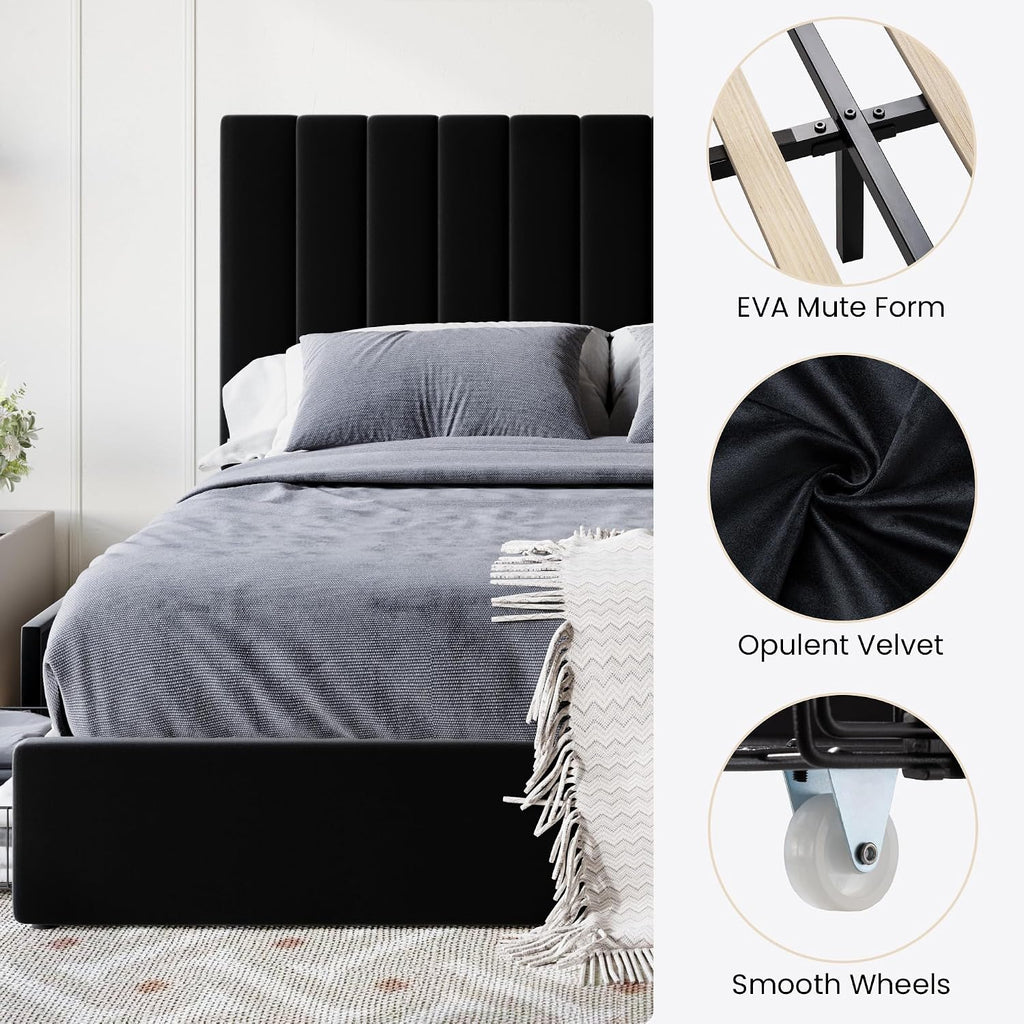 SHA CERLIN Full Size Platform Bed Frame with 4 Storage Drawers, Vertical Channel Tufted Adjustable Headboard, Velvet Upholstered, Wooden Slats Support, No Box Spring Needed, Easy Assembly, Black
