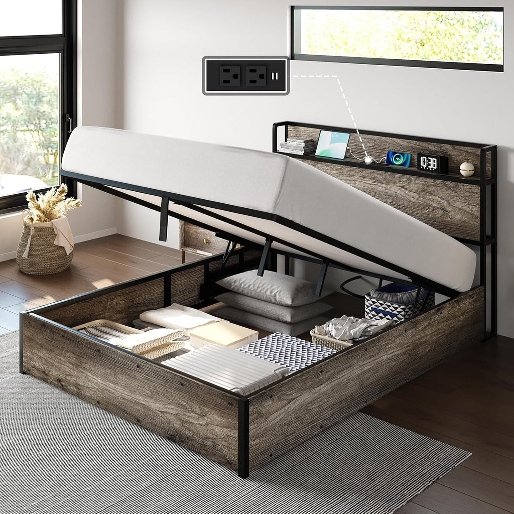 AMERLIFE Full Size Lift Up Storage Bed Frame, Wooden Platform Bed Frame with Lifting Storage & Charging Station, No Spring Box Needed/Noise Free, Rustic Grey