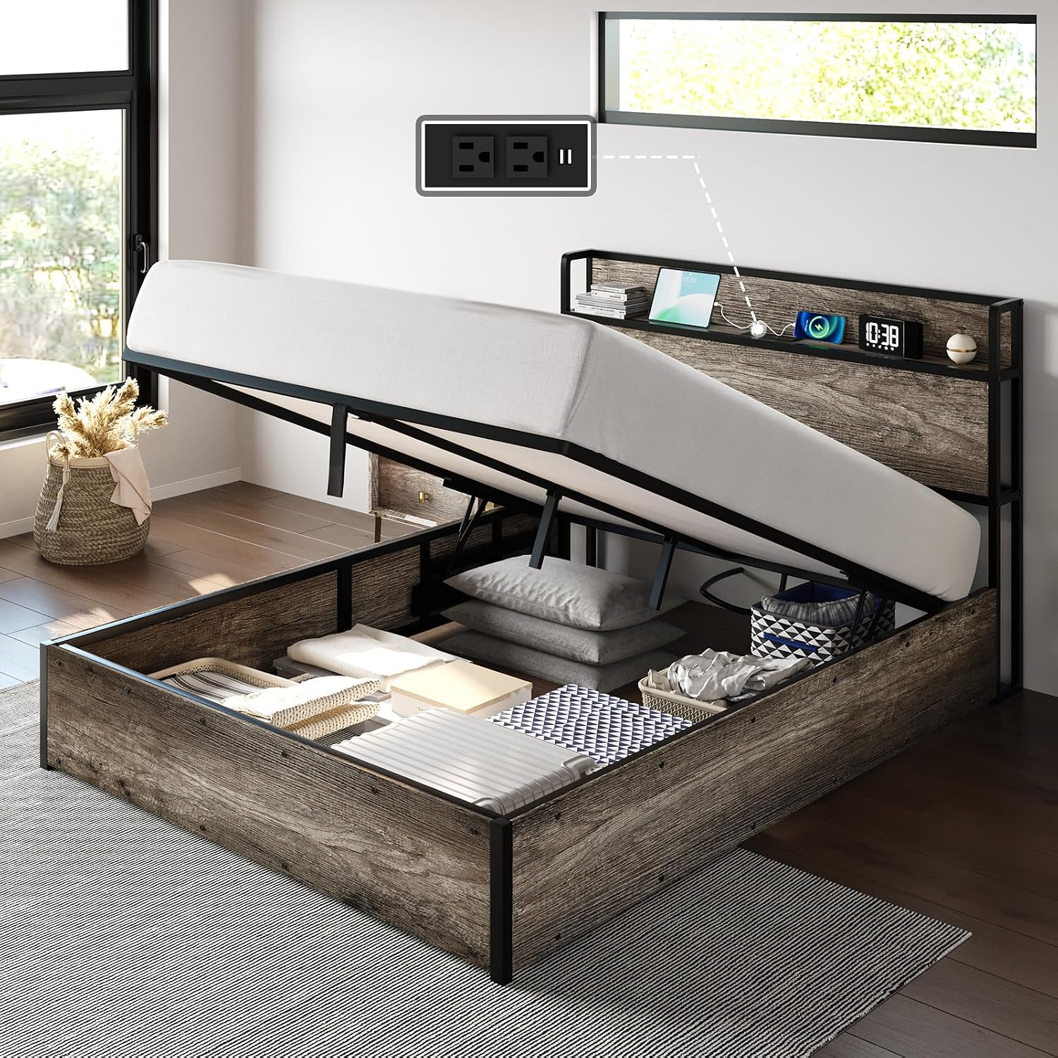 AMERLIFE Full Size Lift Up Storage Bed Frame, Wooden Platform Bed Frame with Lifting Storage & Charging Station, No Spring Box Needed/Noise Free, Rustic Grey