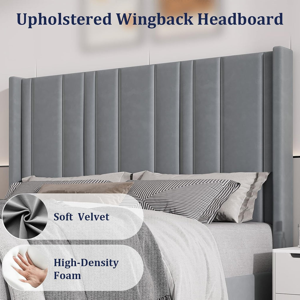 HOMBCK Full Size Bed Frame, Velvet Upholstered Platform Bed Frame Full with Vertical Channel Tufted Headboard & Footboard, Wooden Slats/Noise Free/No Box Spring Needed/Easy Assembly, Grey