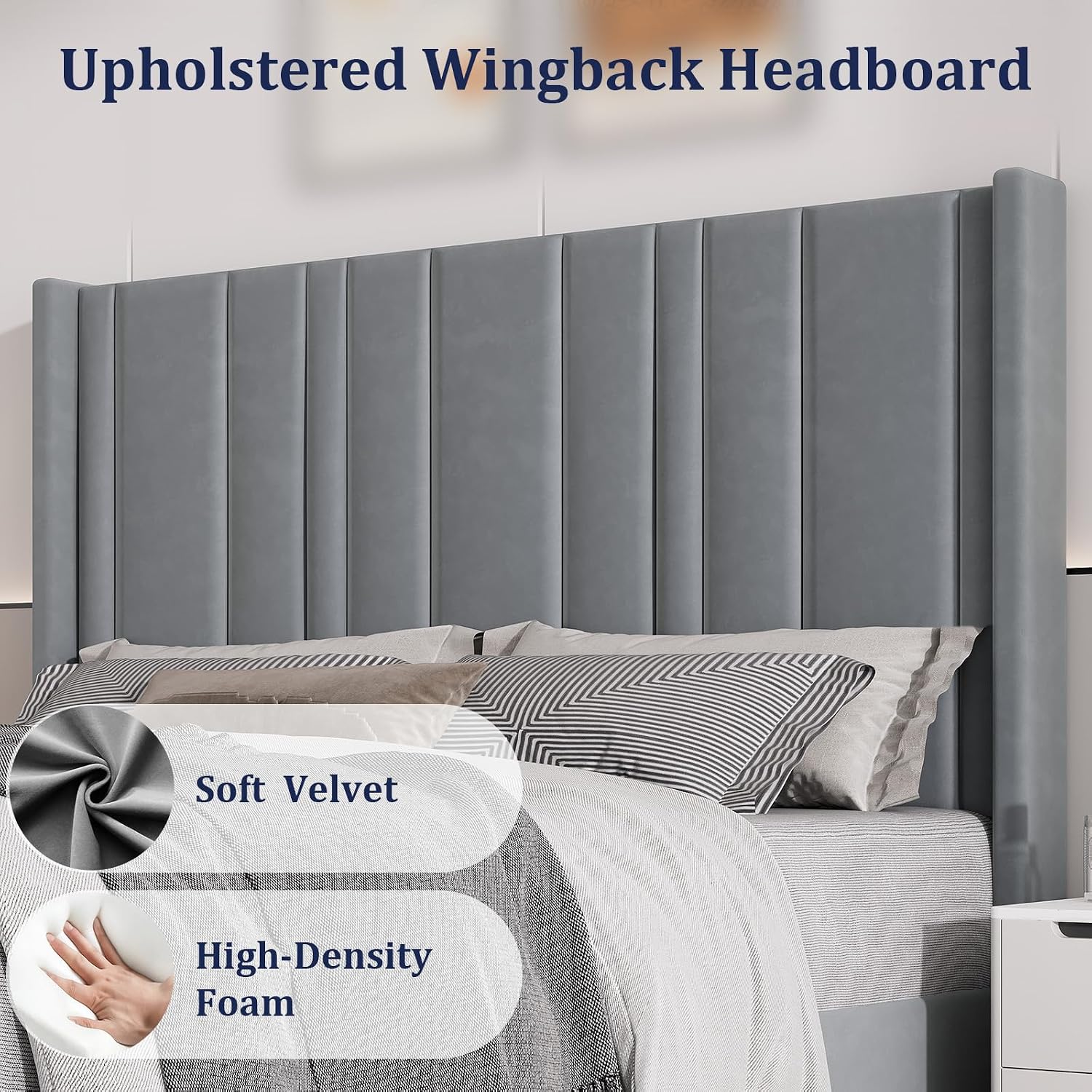 HOMBCK Full Size Bed Frame, Velvet Upholstered Platform Bed Frame Full with Vertical Channel Tufted Headboard & Footboard, Wooden Slats/Noise Free/No Box Spring Needed/Easy Assembly, Grey