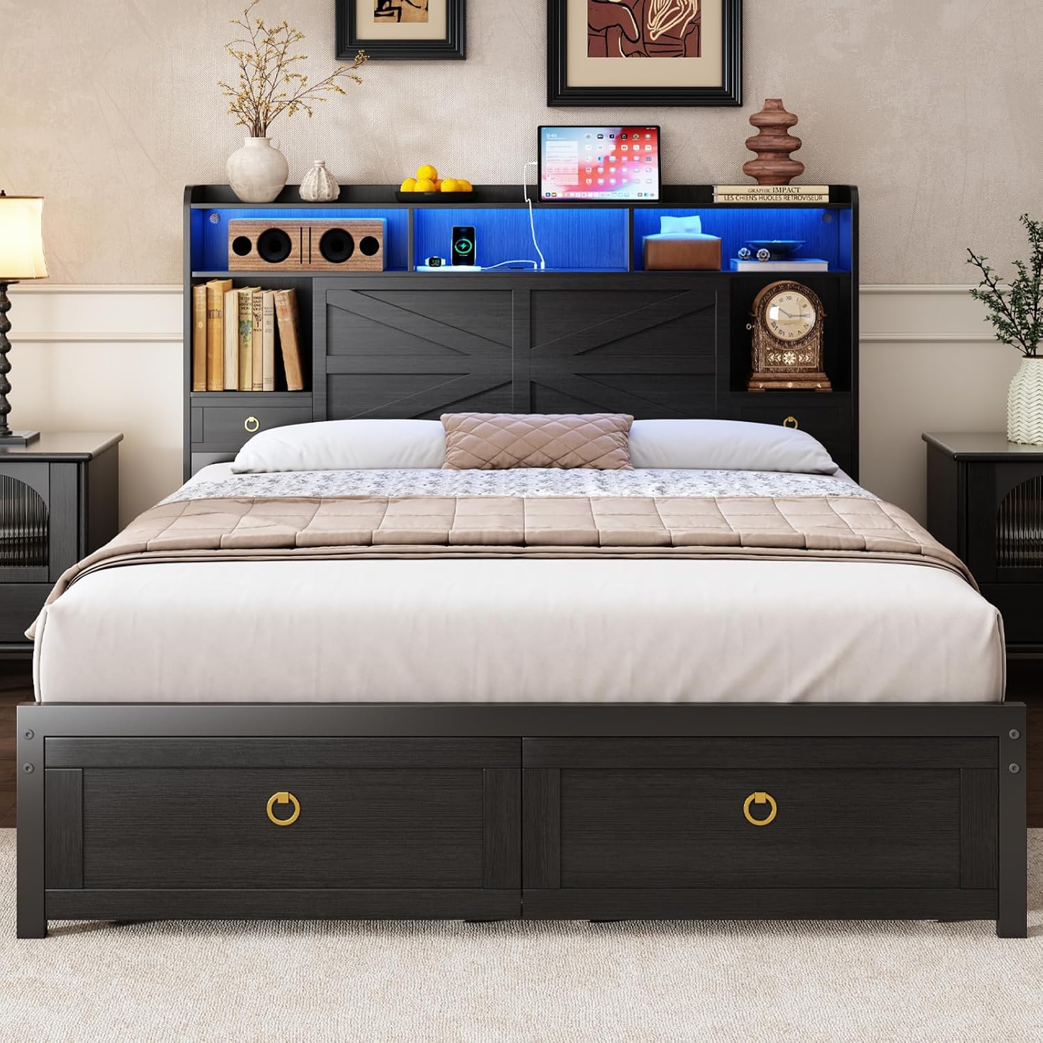 TIGUBFRE Full Bed Frame with Storage Headboard, Farmhouse Wood Bed Frame Full Size with 4 Drawers, LED Light & Charging Station, Metal Slats Support, Noise Free, No Box Spring Needed, Rustic Black