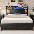 TIGUBFRE Queen Bed Frame with Storage Headboard, Farmhouse Wood Bed Frame Queen Size with 4 Drawers, LED Light & Charging Station, Metal Slats Support, Noise Free, No Box Spring Needed, Rustic Black