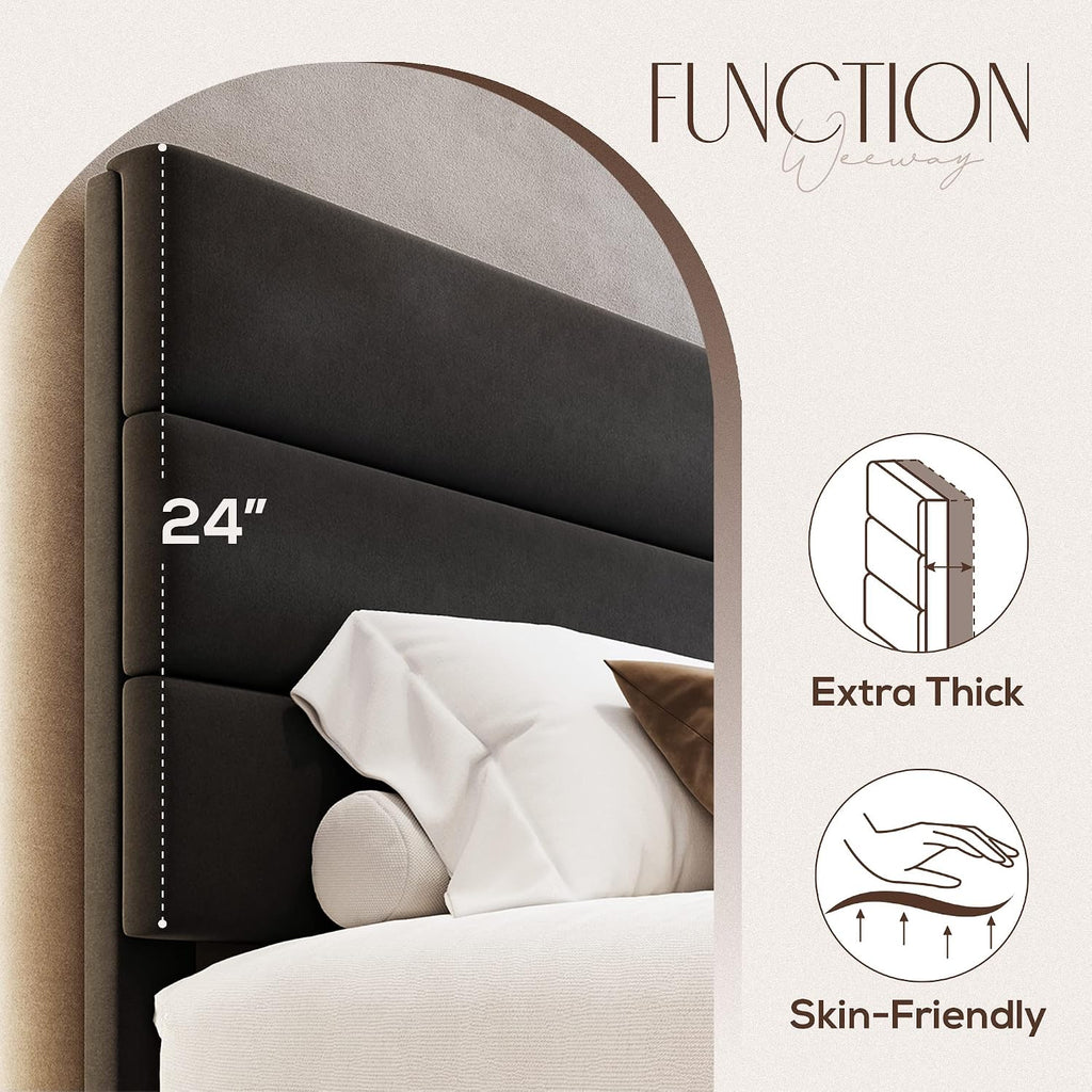 WEEWAY Full Size Bed Frame Platform Bed with Velvet Upholstered Headboard and Wooden Slats Support, Heavy Duty Mattress Foundation, No Box Spring Needed, Easy Assembly, Black