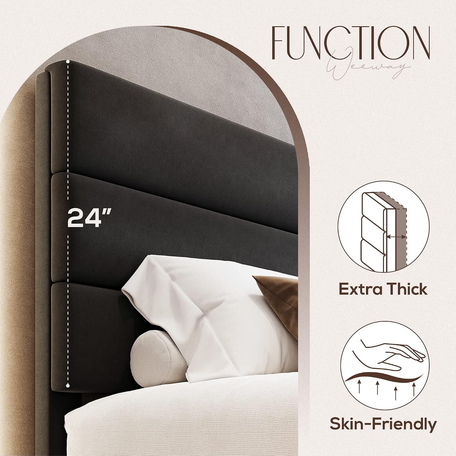 WEEWAY Full Size Bed Frame Platform Bed with Velvet Upholstered Headboard and Wooden Slats Support, Heavy Duty Mattress Foundation, No Box Spring Needed, Easy Assembly, Black