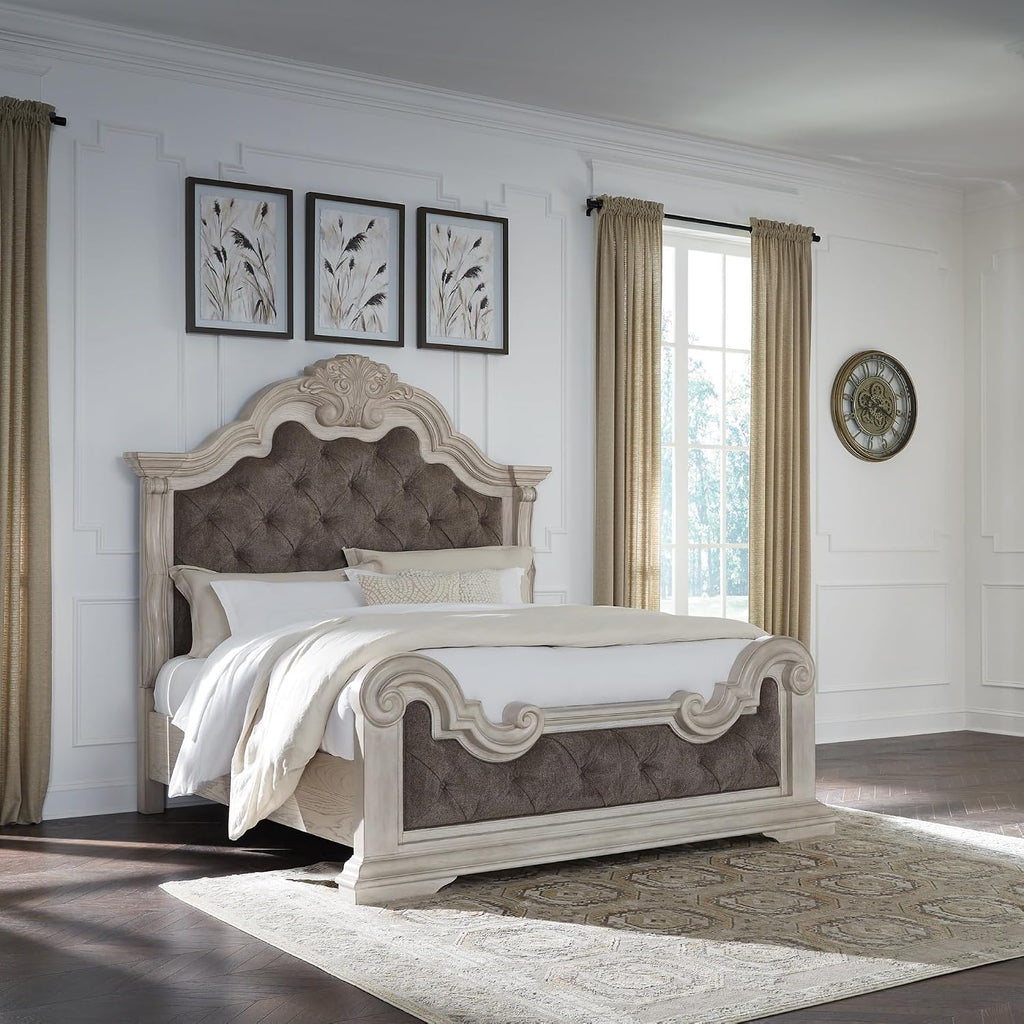 Signature Design by Ashley Andonhall Traditional Upholstered Panel Bed with Tufted Design, Foundation or Box Spring Needed, King, Beige