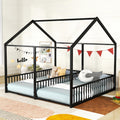 Double Floor Bed for Twins,Twin Size House Bed for 2 Kids,Two Shared Beds,Twin House Platform Beds,Metal Floor Bed Frame with Rails for Girls,Boys(Black)