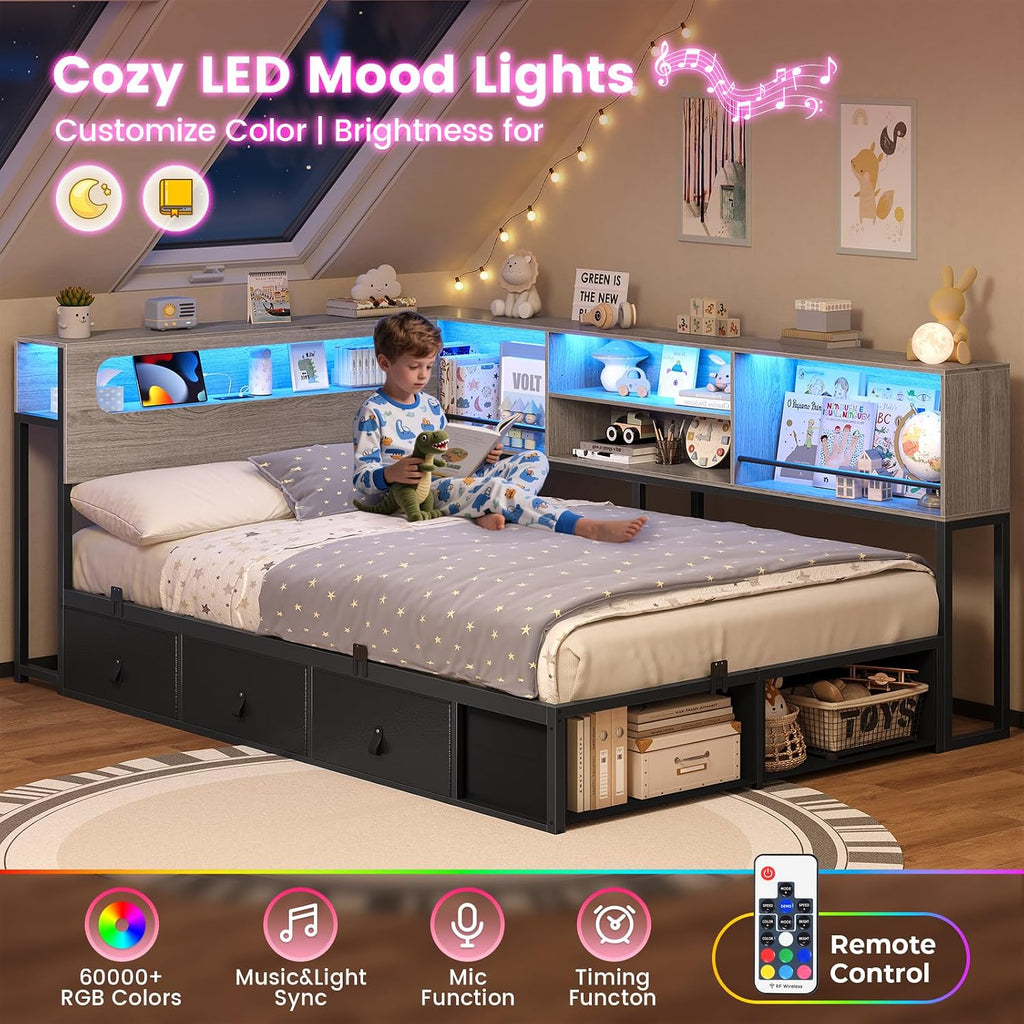 ADORNEVE Twin Corner Bed Frame with Bookcase Storage & LED Light Headboard, Charging Station, Metal Daybed with 3 Drawers & 2 Open Cubbies, for Small Bedrooms, Black & Oak Grey