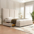 YUHUASHI King Size Bed Frame with 64-inch High Headboard, Simple and Airy Linen Upholstered Platform Bed with Storage Drawers, Wood Slat, No Noise (Beige, King)