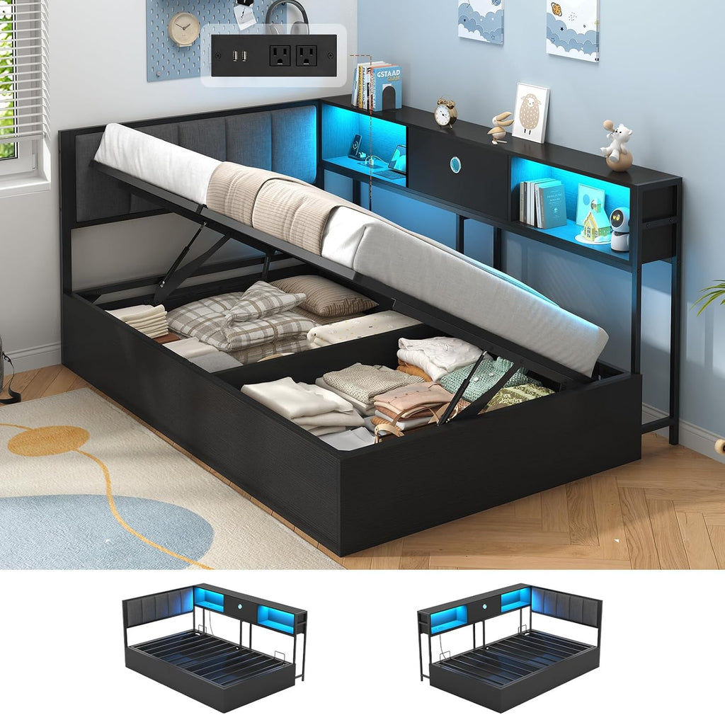 Hasuit Corner Twin Lift Up Storage Bed Frame with Charging Station & LED Lights, Twin Day Bed with Upholstered Headboard and Bookcase, Corner Beds with Hydraulic for Kids Teens Guests, Black