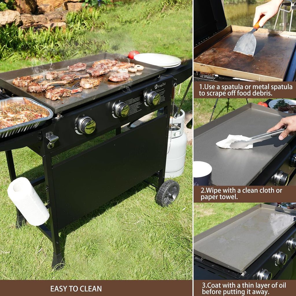 KingChii 28' 3-Burner Griddle with Integrated Protective Hood and Counter Height Side Shelves, Powder Coated Steel, Black