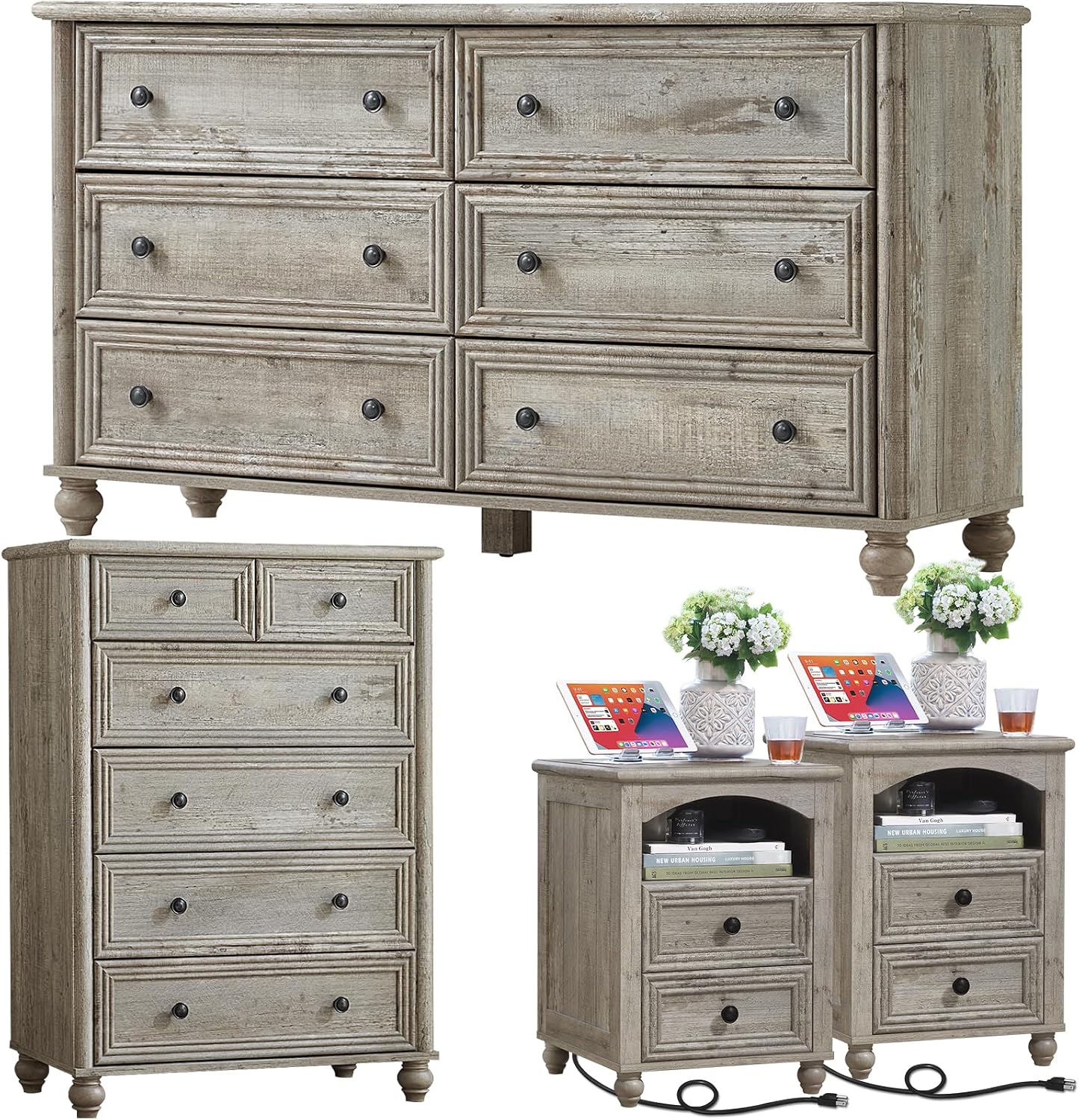 Farmhouse Dressers & Night Stand Set of 4, Wood 54' Wide Dresser & 43.5'Tall Chest of Drawers, 18' with Charging Station Nightstand Set of 2, Bedroom Furniture Dresser Set for Home Living Room Hallway