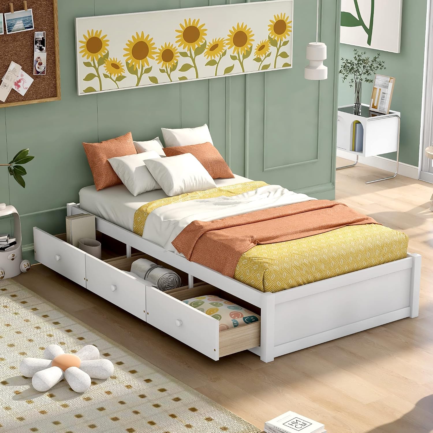 Merax Twin Size Platform Storage Bed with 3 Drawers,White