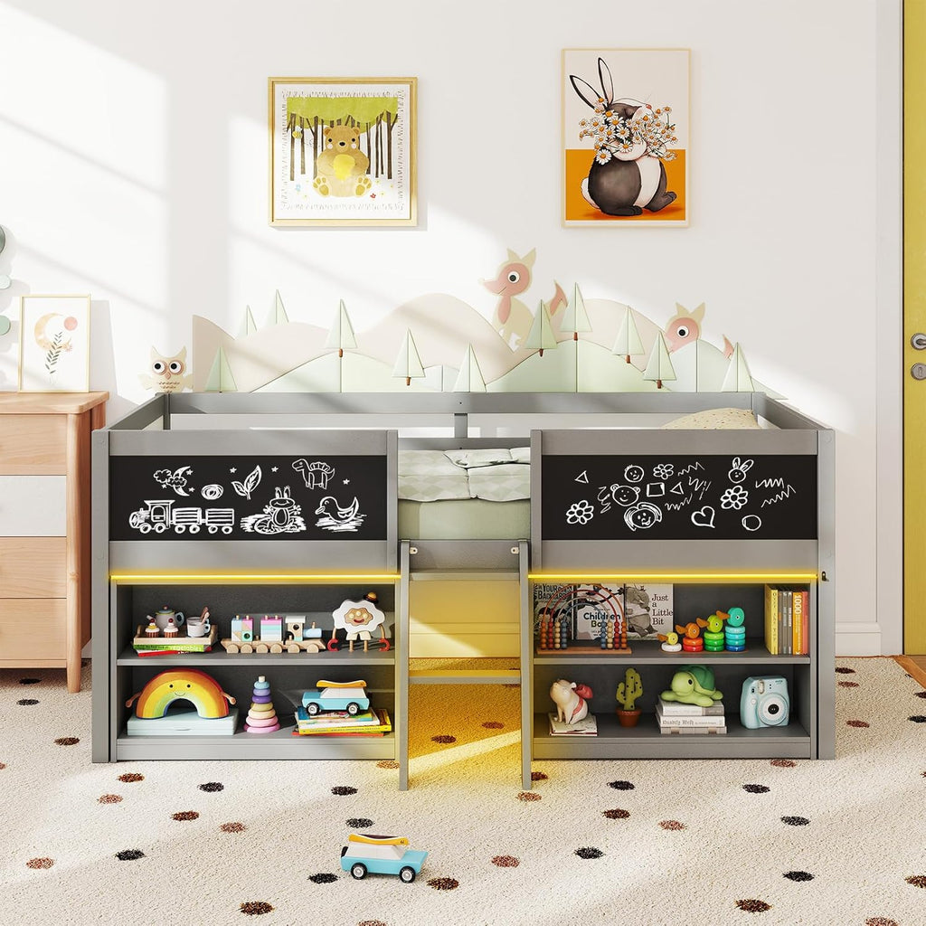Giantex Low Loft Bed with LED Lights, Wooden Twin Size Loft Bed with Ladder & Blackboard, Twin Bed Frames for Kids with Storage 2 Bookcases and Play Space, Grey
