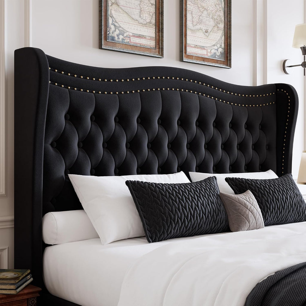 Upholstered Full Size Bed Frame with Tall Headboard, Velvet Wingback Platform Bed Frame with Deep Button Tufted, No Box Spring Needed, Noise Free, Black