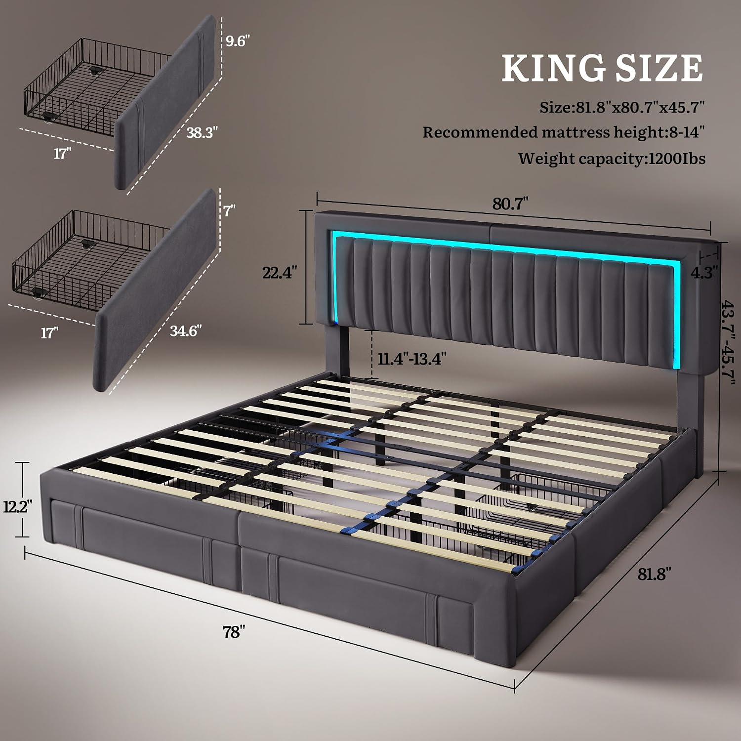 DWVO King Size Bed Frame with Adjustable Headboard, 4 Storage Drawers and RGB LED Lights, Velvet Upholstered Platform Bed with USB Ports, No Box Spring Needed, Fast Assembly, Noise-Free, Dark Grey