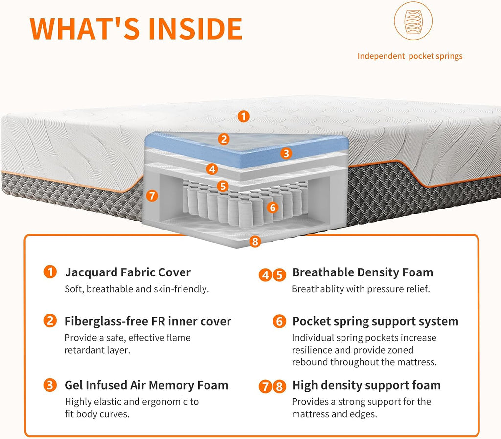 ESHINE Adjustable Bed Frame + 14' Hybrid Mattress Twin XL - Luxury Gel Memory Foam(319 Pocket Springs) with Massage, Wireless Remote, USB, Under Bed Night Light, Medium Soft, 3000 Series
