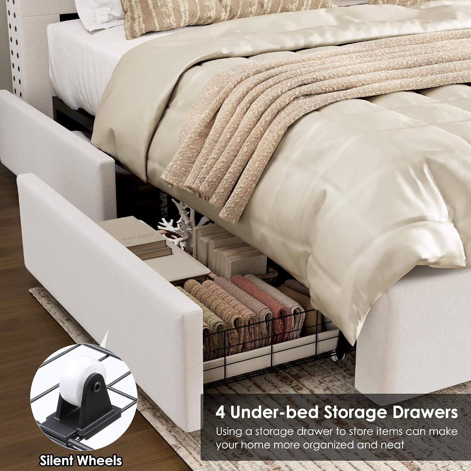 Queen Size Bed Frame 54' Tall Headboard with Gorgeous Button Tufted and Nail, Velvet Fabric Upholstered Bed Frame includes 4 Under-bed Storage Drawers, Wooden Slats, Noise-Free, Easy Assembly, Beige