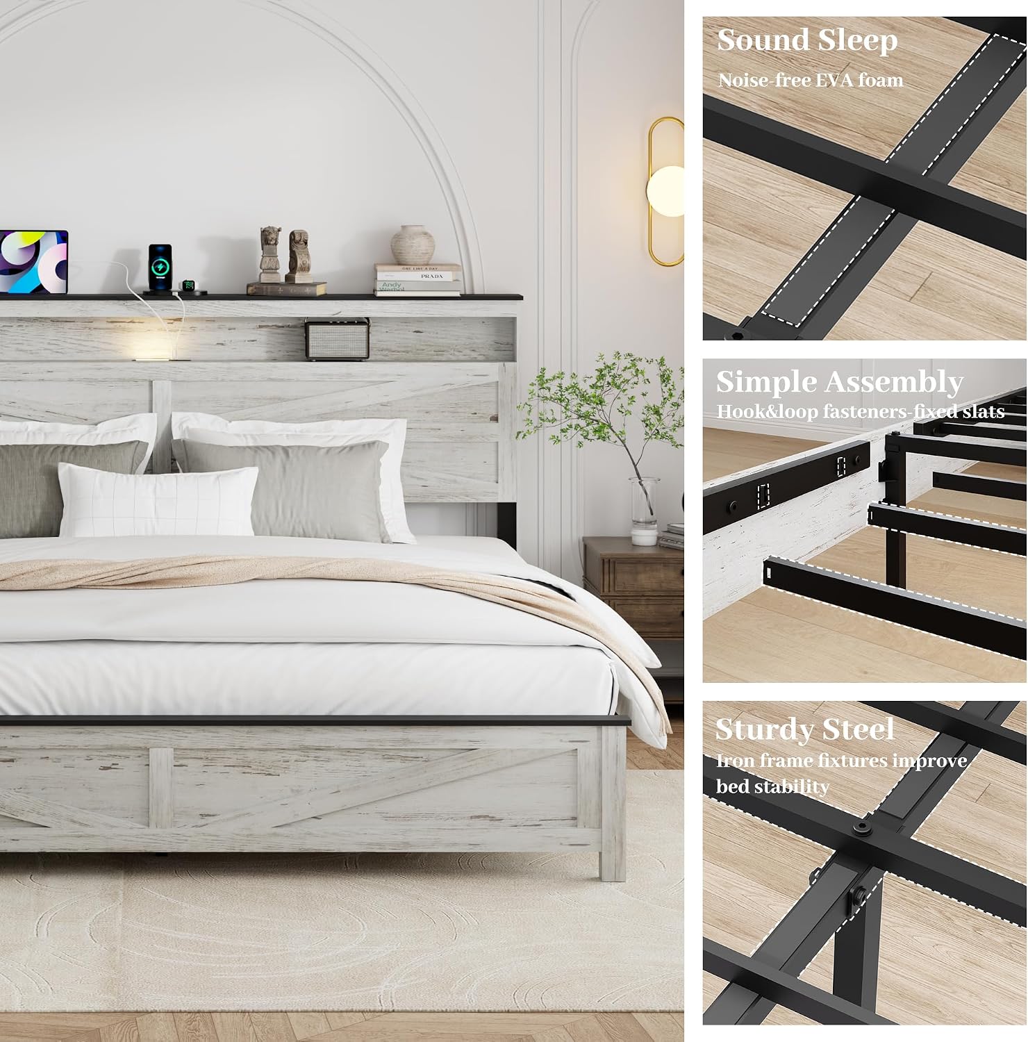 Full Size Bed Frame with Headboard, Rustic Farmhouse Wood Bed Frame with LED Lights and Charging Station, Easy Assembly, No Box Spring Needed (White, Full)