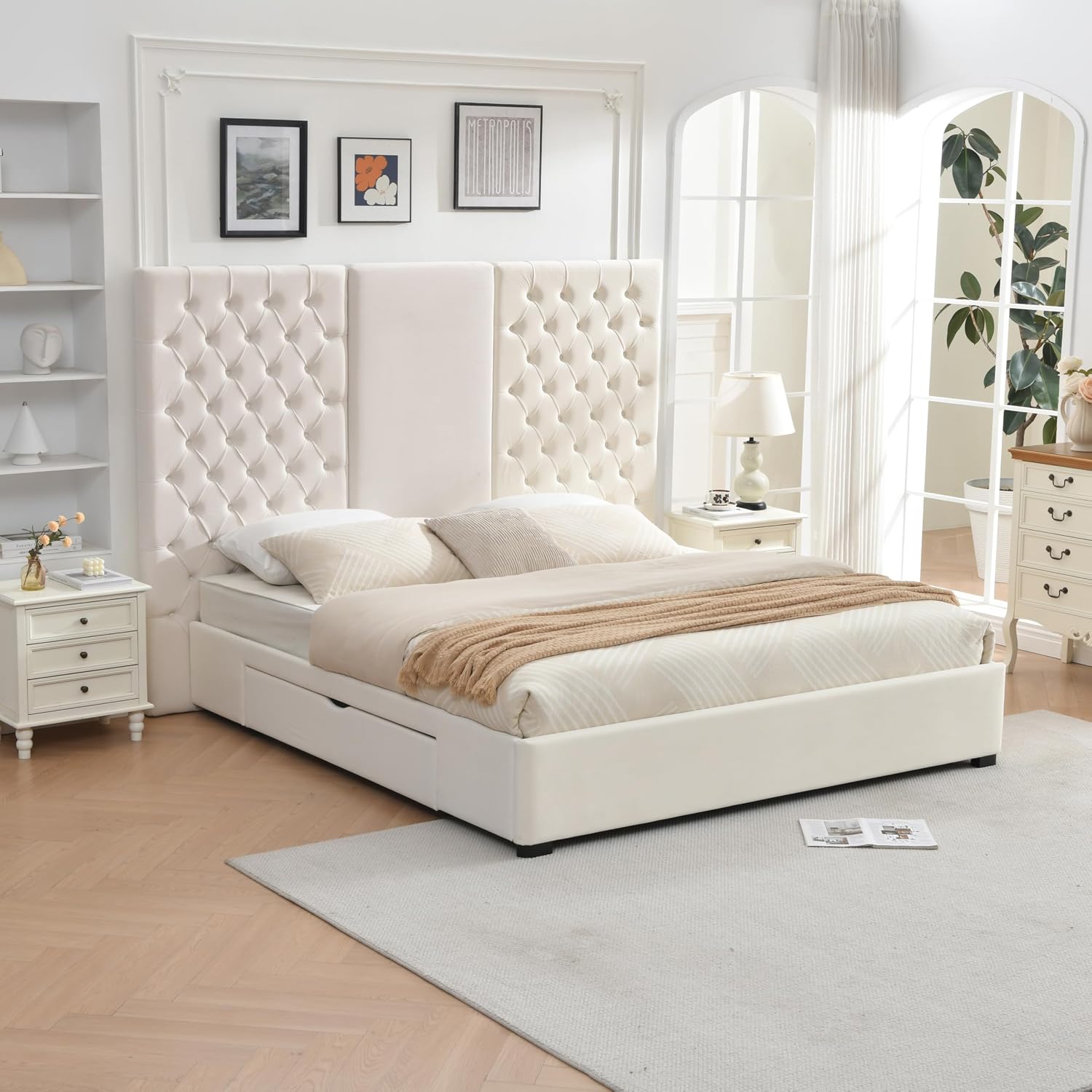 King Size Bed Frame with 63' Tall Headboard, Velvet Fabric Upholstered Platform Bed with 2 Large Storage Drawers, Deep Button Tufted, Wooden Slats, Easy Assembly, No Box Spring Needed, Cream