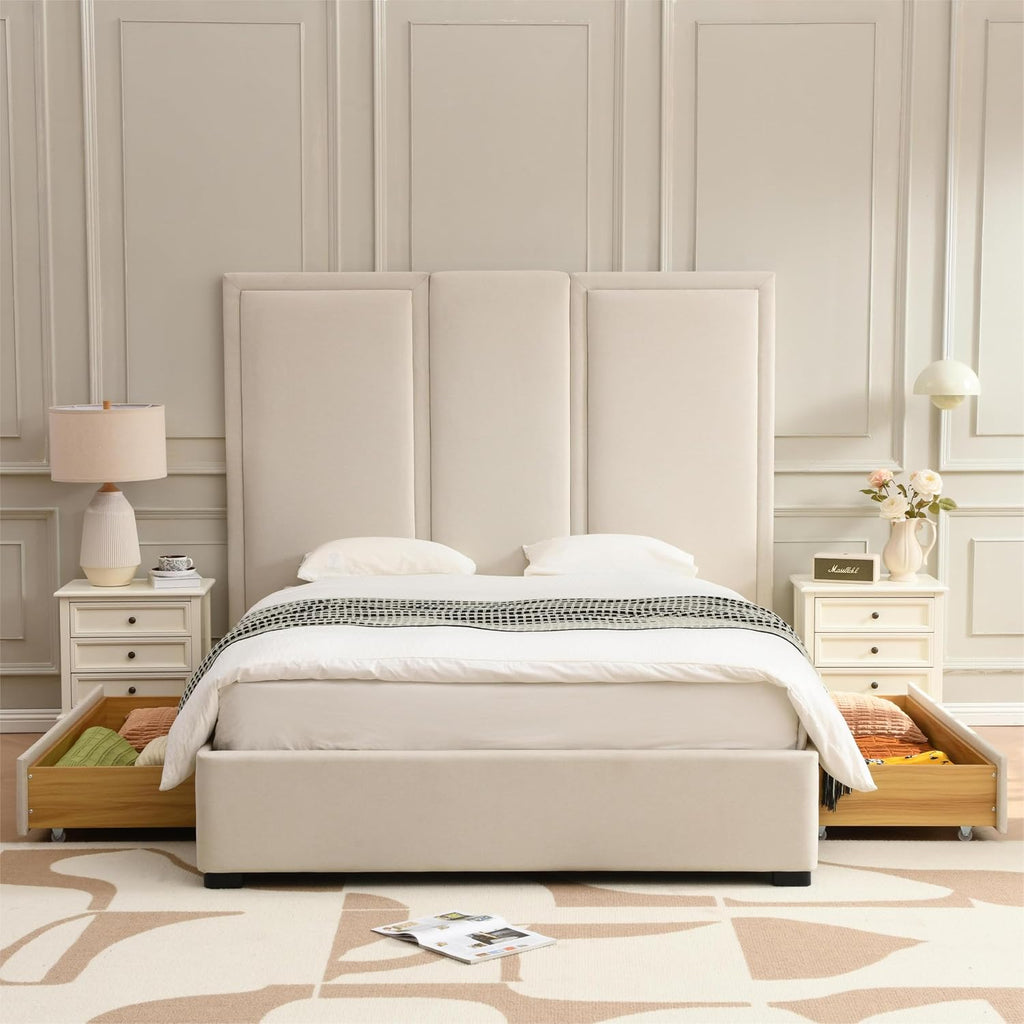 YUHUASHI Queen Size Bed Frame with 64-inch High Headboard, Simple and Airy Linen Upholstered Platform Bed with Storage Drawers, Wood Slat, No Noise (Beige, Queen)