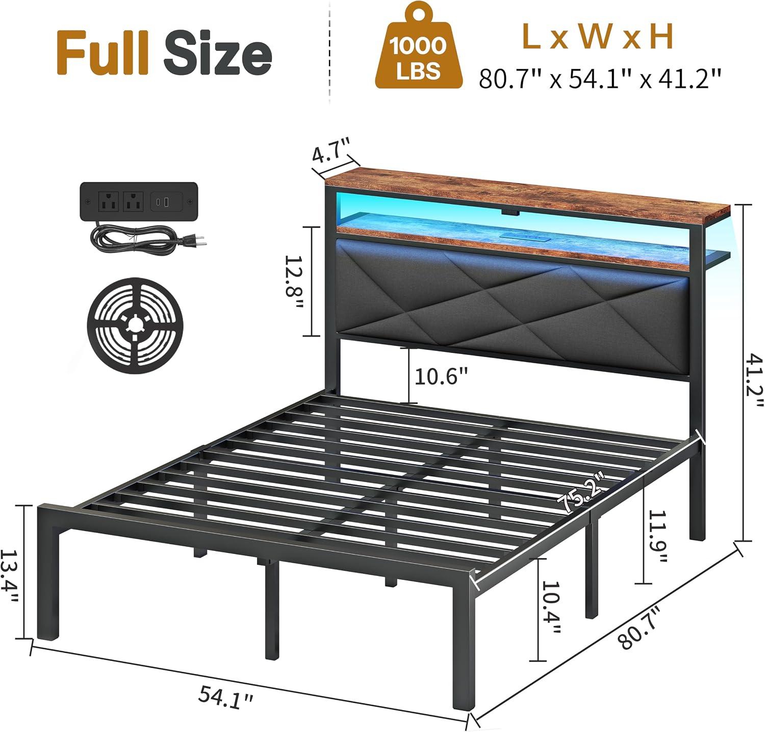 ChicZhiNest Full Size Bed Frame with 2 Tier Upholstered Storage Headboard and Under Bed Storage,Platform Bedframe with LED Lights and Charging Station, No Box Spring Needed,Easy Assembly,Grey