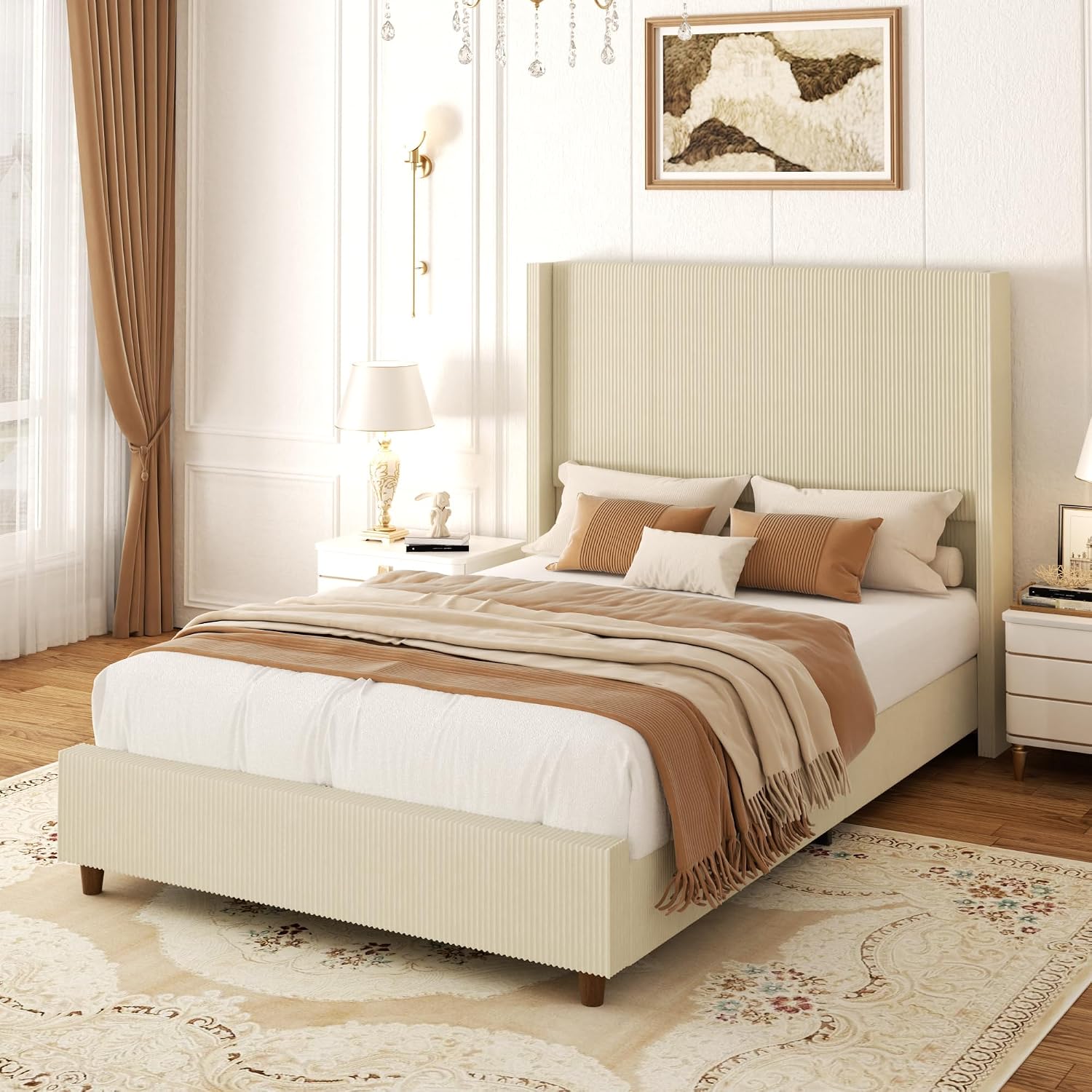 Sismplly 58'' Tall Queen Size Bed Frame with Corduroy Upholstered Platform Bed, Extra Wingback Headboard and Vertical Stripe, Box Spring Option, Solid Wood Slats, Noise Free, Beige