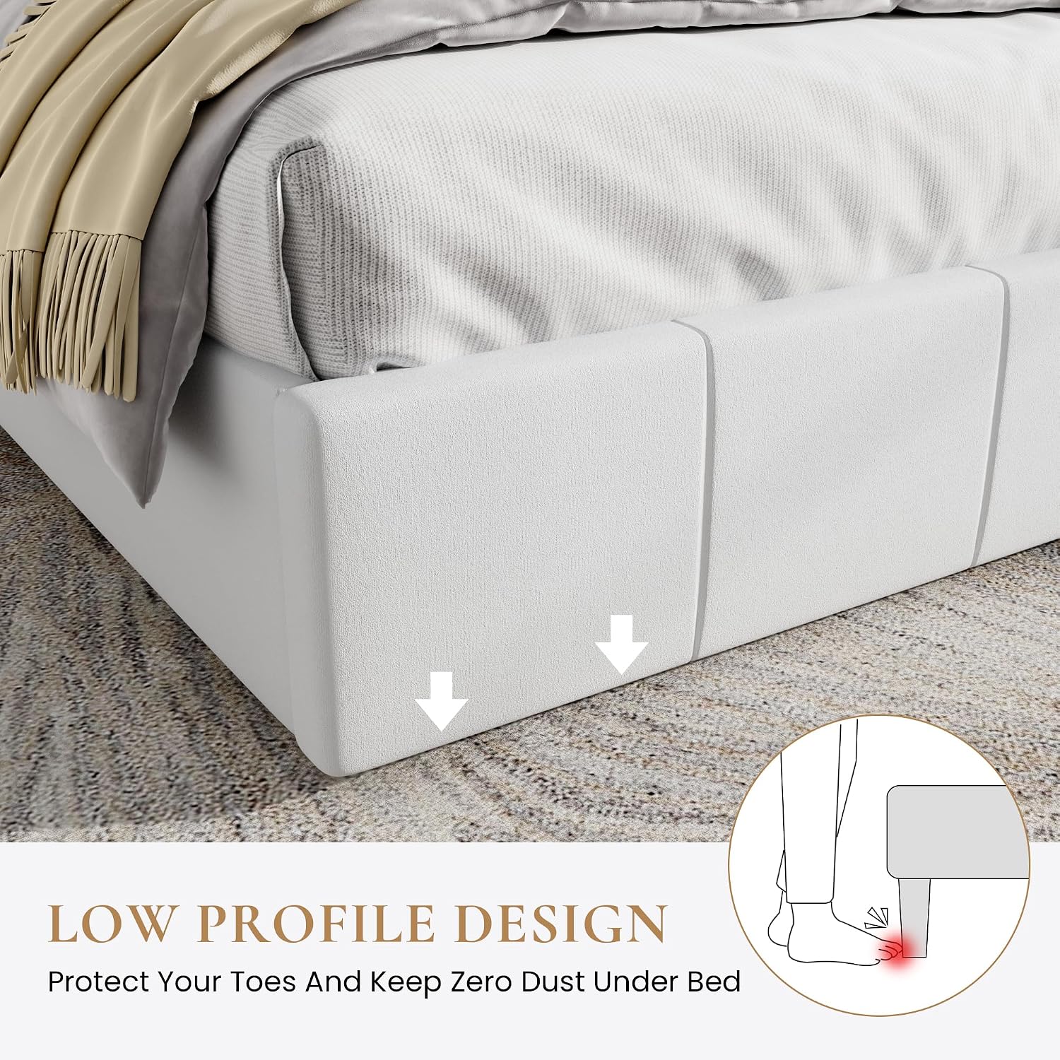 SHA CERLIN Queen Bed Frame, Velvet Upholstered Platform Bed Frame, Vertical Channel Tufted Adjustable Headboard, Low Profile Bed Frame, No Box Spring Needed, Easy Assembly, White