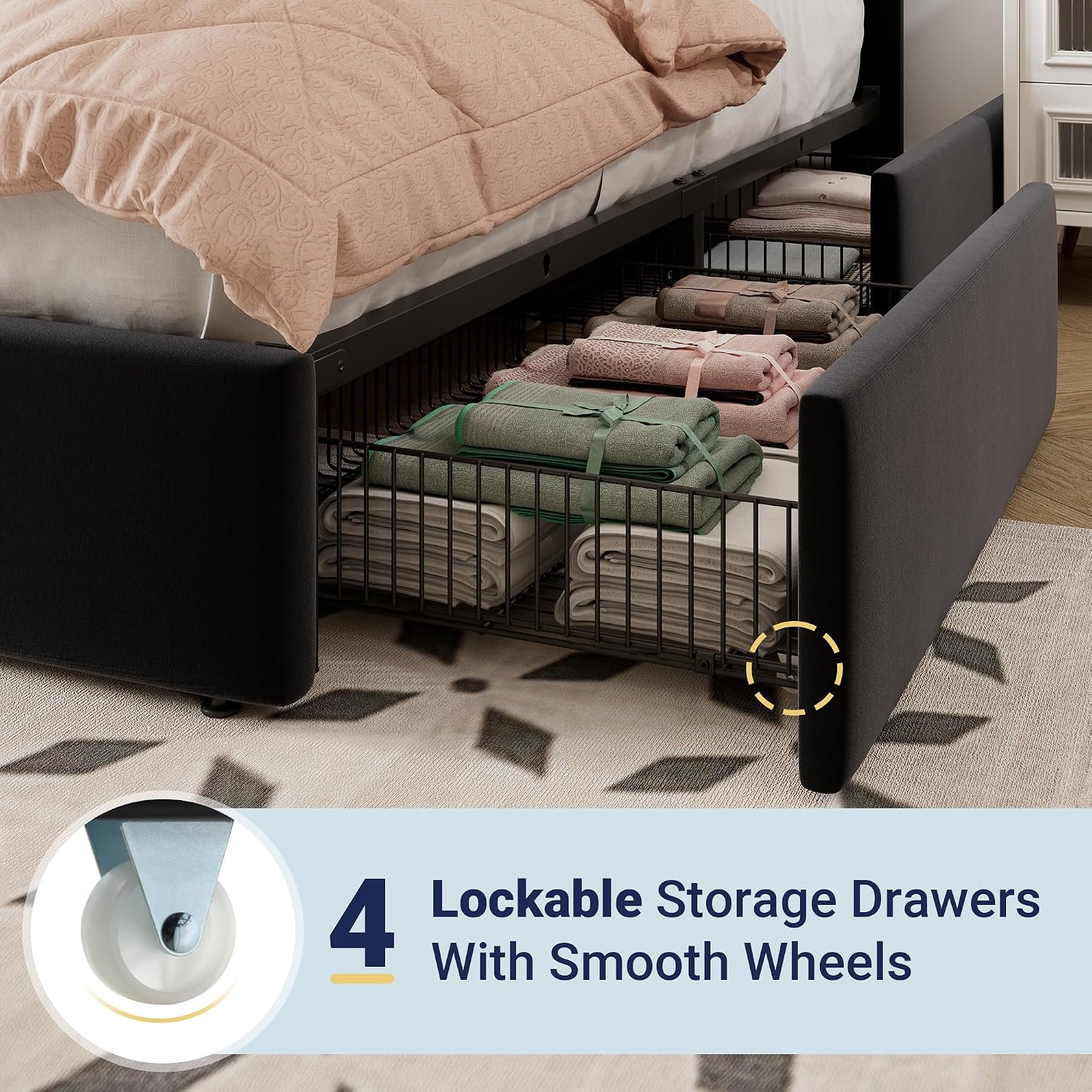 Allewie Full Size Storage Bed Frame, Vertical Channel Tufted Adjustable Headboard, Velvet Upholstered Platform Bed with 4 Oversized Underbed Drawers, Wooden Slats Support, No Box Spring Needed, Black