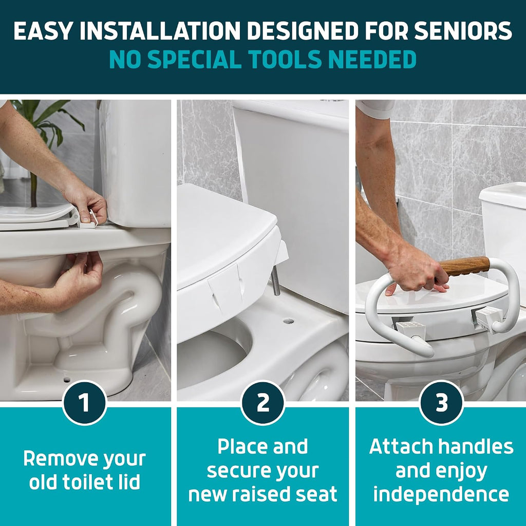 Lunderg Solva Raised Toilet Seat with Handles - Round - Easy to Install Toilet Seat Risers for Seniors - Adds 3 Inches & Works like the one you've always used - Elegant design - No Hospital Vibe