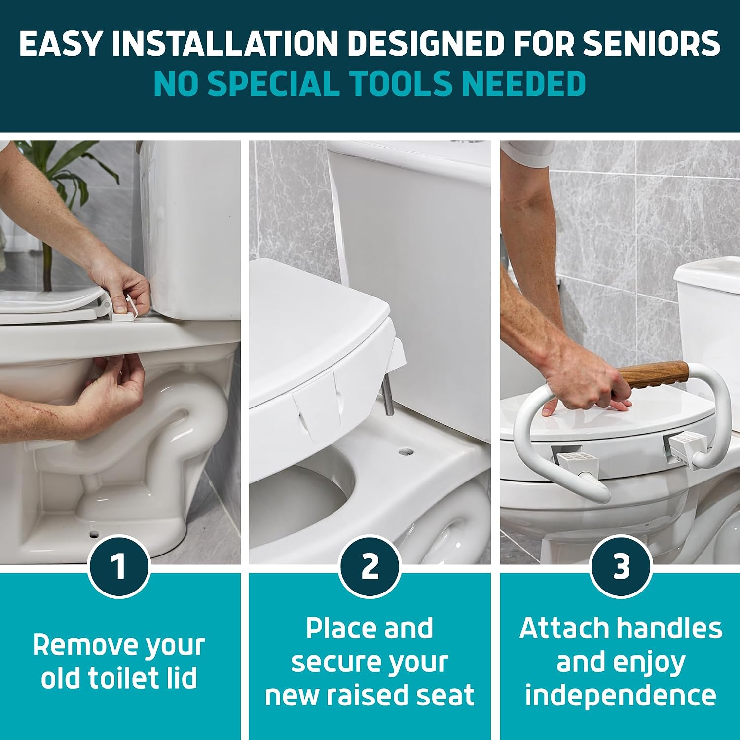 Lunderg Solva Raised Toilet Seat with Handles - Round - Easy to Install Toilet Seat Risers for Seniors - Adds 3 Inches & Works like the one you've always used - Elegant design - No Hospital Vibe